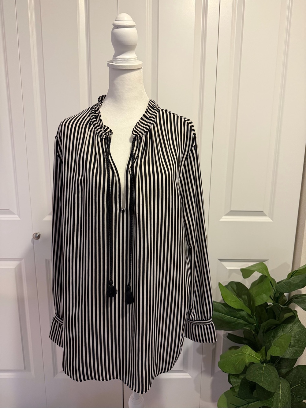 Ann Taylor Black and White Vertical Stripe Tie-Front Tunic